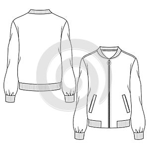 Women / Girls Bomber Jacket fashion flat sketch template. Technical Fashion Illustration. Long Sleeves, Welt Pockets