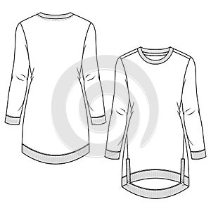 Women Girls High Low Fleece Sweatshirt Dress fashion flat sketch template. Technical Fashion Illustration. Zipper Detail at hem