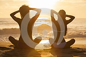 Women Girls Sitting Sunrise Sunset Bikini Beach