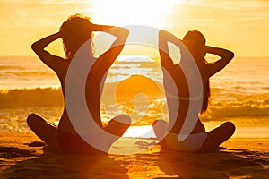 Women Girls Sitting Sunrise Sunset Bikini Beach