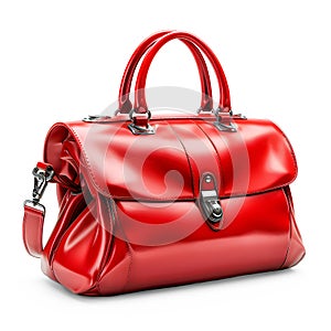 Women glossy red handbag isolated on white background.