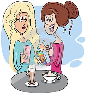 Women gossip in cafe cartoon illustration