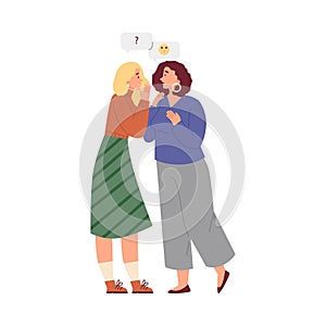 Women gossipping telling, whispering secrets, exchange rumors story and news, shocked girl listening vector illustration