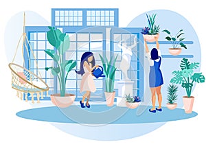 Women in Greenhouse Orangery Care of Garden Plants