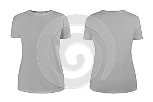 Women grey blank T-shirt template,from two sides, natural shape on invisible mannequin, for your design mockup for print, isolated