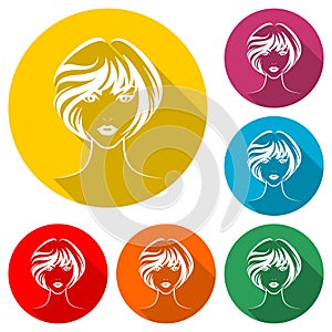 Women hair style icon, logo women face, color set with long shadow
