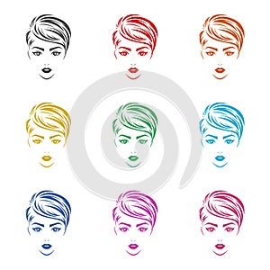 Women hair style icon, logo women face, color set