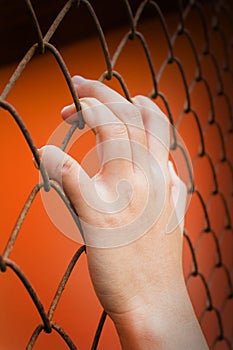 Women hand catching iron bar on orange background, imprison feel photo
