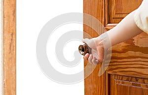 Women hand open door knob or open the door.