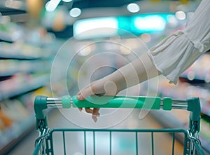 women hand push shopping cart ,supermarket , abstract blurred photo of store with trolley in department store blurred