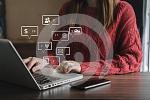 women hand using laptop payments online shopping, omni channel, digital tablet docking keyboard computer at home