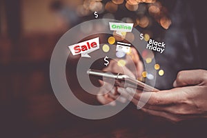 Women hand using smartphone do online selling for people shopping online with chat box, cart, dollar icons pop up. Social media