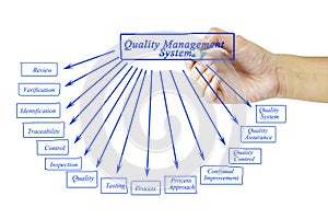 Women hand writing element of Quality Management System for busi