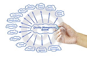 Women hand writing element of Quality Management System for busi