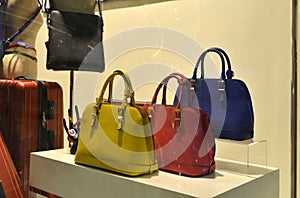 Women handbag and accessories in fashion boutique window display,