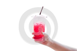 Women handle holding ice water italian soda red in plastic cup