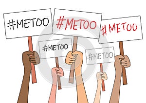 Women hands holding sign boards with Metoo hashtag word, isolated on white. Me too movement. Anti sexism protest against inappropr