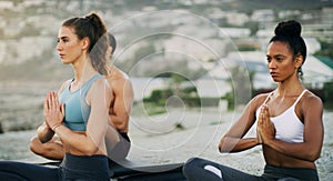 Women, hands and meditation on beach for calm with mindfulness balance, peaceful or spirituality. Female people, friends