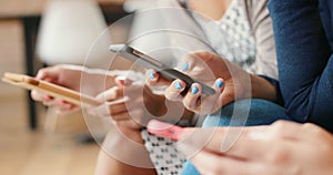 Women hands, phone and digital social media scroll together of friends online on a mobile app. Cellphone, web search and