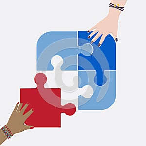 Women hands putting jigsaw puzzle pieces together. Female teamwork concept vector.