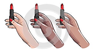 Women hands with red nails holding lipstick, Makeup salon advertising. Beauty clipart in vector