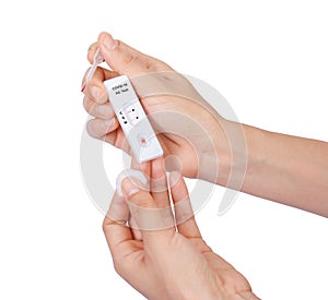 Women hands show Antigen Test kits for people to check self-test antibody for Covid-19 at home , Home isolate quarantine concept