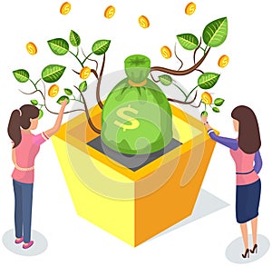 Women harvest from money tree with banknotes. Growing dollar bills and gold coins on plant