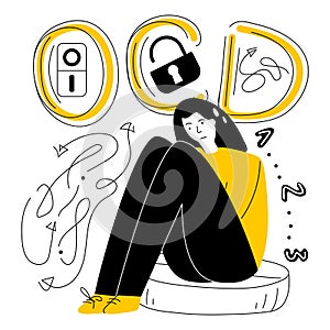 Women has syndrome obsessive compulsive disorder. Vector illustration with lettering OCD and symptoms of human fear