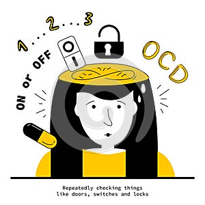 Women has syndrome OCD and intrusive thoughts and doing illogical checking things. Vector illustration obsessive