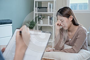 Women have mental symptoms illnesses and depression. meet psychiatrist to treat his illness. Female patient depression therapy