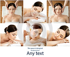 Women having different types of massage. Spa, wellness, health care and aroma therapy collage. Health, recreation and