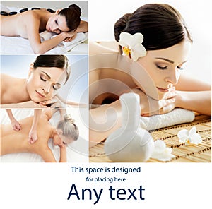 Women having different types of massage. Spa, wellness, health care and aroma therapy collage. Health, recreation and