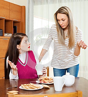 Women having quarrel over tea table