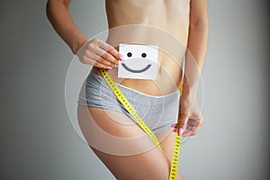 Women Health. Closeup Of Healthy Female With Beautiful Fit Slim Body In White Panties Holding White Card With Happy