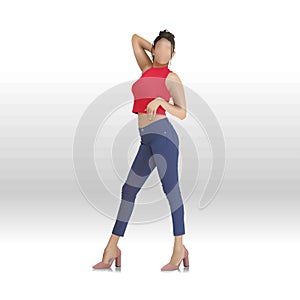 Women in heels posing. Jeans and red top dress exhibit. Faceless Fashion model. Dummy figure style display.