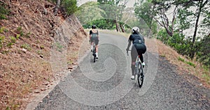 Women, helmet or bike in cycling race, fitness or training as bonding together on mountain path. Female athlete, cyclist