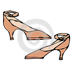 Women High-heeled Brown Shoe with Strap. Isolated On a White Background Doodle Cartoon Vintage Hand Drawn Sketch