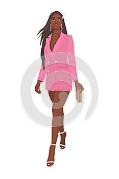 Women on high heels dressed in stylish trendy clothes - Beautiful dark-skinned girl model in pink blazer dress - female photo