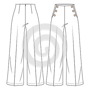 Women High Waist Sailor Pant Vector Fashion Flat Sketches. Fashion Technical Illustration Template. Flare Wide legs.