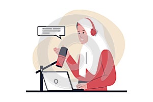 Women hijab talking and recording audio podcasts or online shows