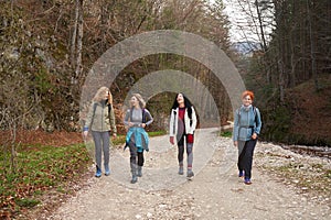 Women hikers with backpacks in the mountains