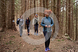 Women hikers with backpacks in the mountains