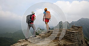 women hikers enjoy the view on the top of great wall