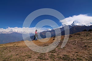 Women hiking with backpack holding trekking sticks high in the mountains covered with snow in summer.