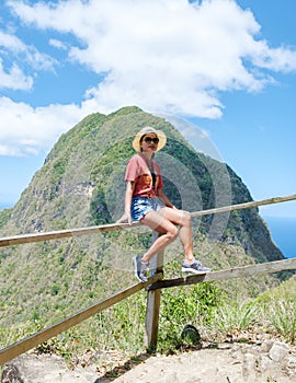 Women hiking in Saint Lucia Caribbean, nature trail in the jungle of Saint Lucia huge Pitons