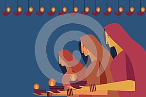 Women holding Diya in their hands. Concept for the festival Diwali