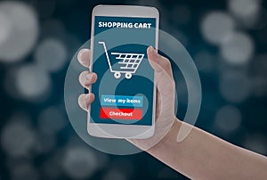 Women holding smartphone in hands with add to cart product to purchase online on blue bokeh background, With  shopping online
