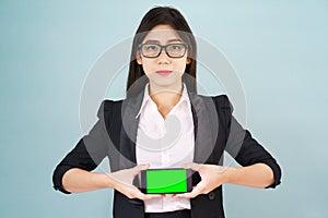 Women holding smartphone mock up green screen