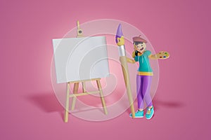 women holds a color palette and giant brush standing with Standing Drawing, portrait, 3D, Render, illustration