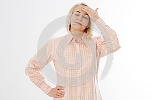 Women Hormonal Headaches. Middle aged woman with Menopause migraines isolated on white background. Copy space. Strong and hard